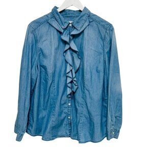 Chico's 3 Womens Chambray Ruffle Top Blouse Long Sleeve Blue Tencel